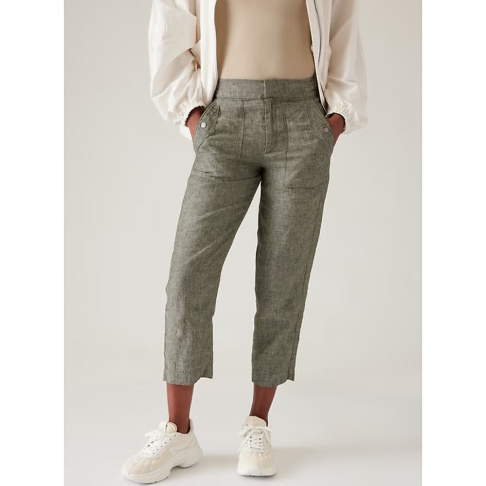 Athleta Women's Green‎ Voyager Cropped Linen Pant with Pockets Size 10